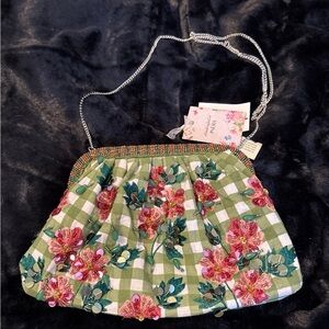 Embroidered Green Gingham Floral Beaded Shoulder Bag